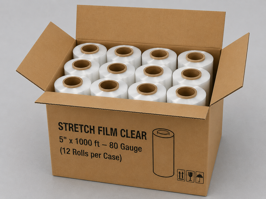 Stretch Film Clear 5" x 1000 ft – 80 Gauge (12 Rolls per Case)