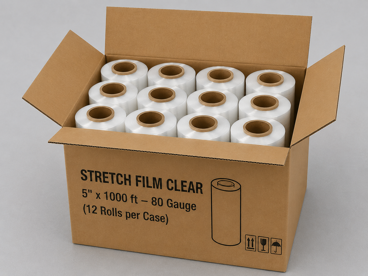Stretch Film Clear 5" x 1000 ft – 80 Gauge (12 Rolls per Case)